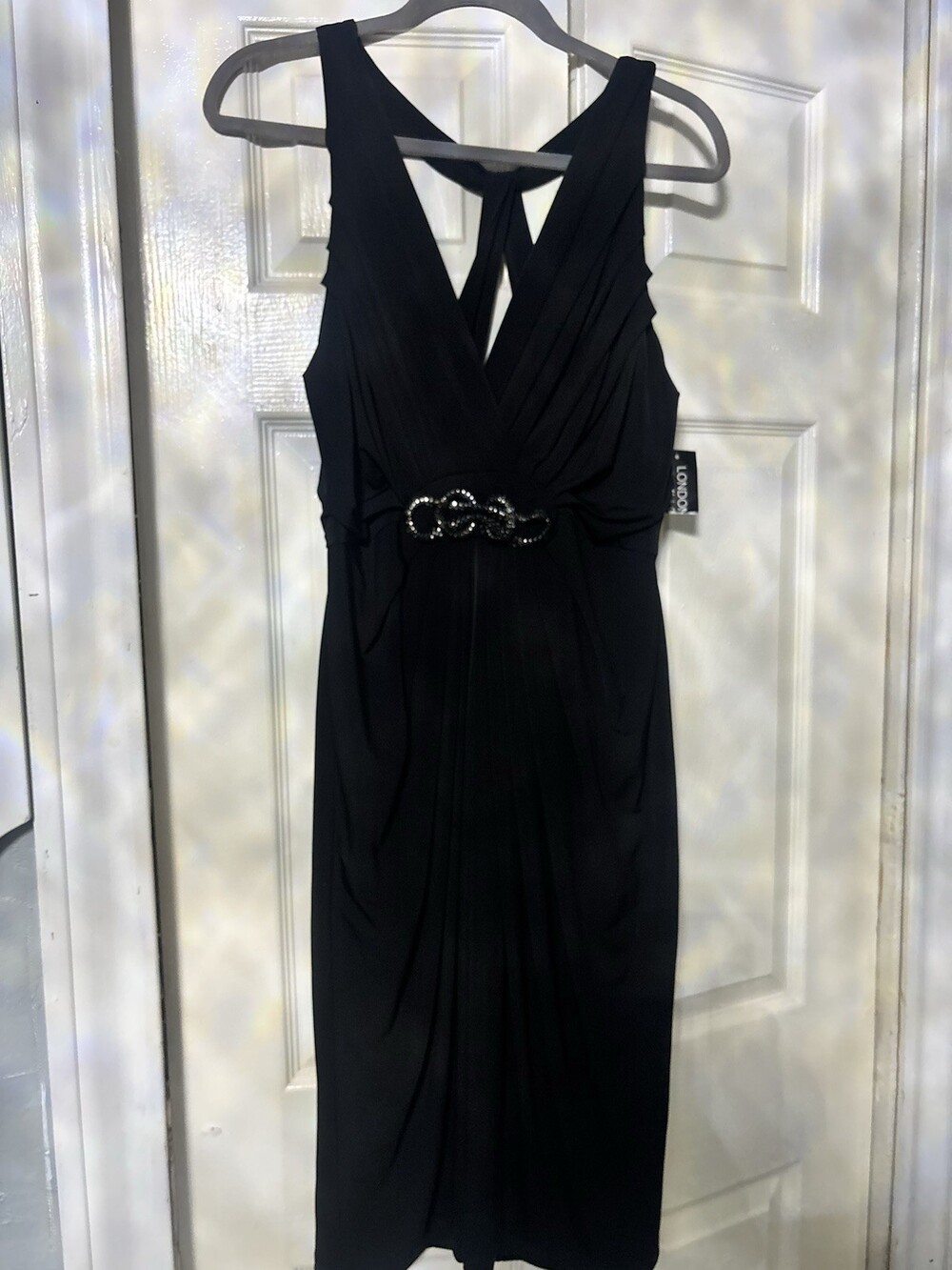 London Style Nights Women’s Black Midi Dress 14 V-Neck Sleeveless Beaded